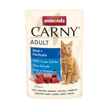 Animonda Carny Adult Katzenfutterverpackung mit Rind und Huhn, mit dem Text "100% frische Zutaten, Ohne Getreide, Made in Germany."
