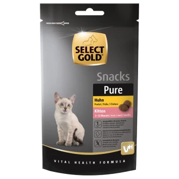 Select Gold Pure Snacks for kittens, featuring a cat on the package. Flavor: Chicken. Suitable for ages 2-12 months.