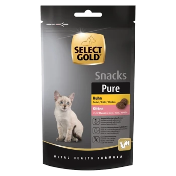 Select Gold Pure Snacks für Kätzchen, mit einer Katze auf der Verpackung. Geschmack: Huhn. Geeignet für 2-12 Monate alte Kätzchen.