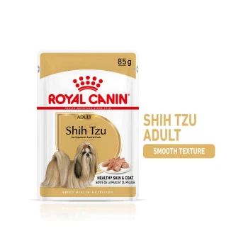 Royal Canin Shih Tzu Adult dog food pouch, 85g, featuring a smooth texture and claims of promoting healthy skin and coat.