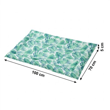 Rechteckiges Haustierkissen mit grünem tropischem Blattmuster, angezeigte Maße: 100 cm × 70 cm × 5 cm.