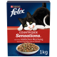 Une boîte de nourriture pour chats Purina Felix Countryside Sensations avec un chat noir et blanc joueur sur le devant, accompagnée d'un bol de croquettes.