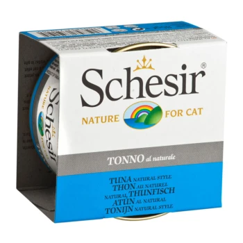 Schesir Nature for Cat Thunfischdosenverpackung, beschriftet mit "TONNO al naturale", mit mehreren Sprachen: Englisch, Französisch, Deutsch, Spanisch und Niederländisch.