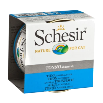 Schesir Nature for Cat Thunfischdosenverpackung, beschriftet mit "TONNO al naturale", mit mehreren Sprachen: Englisch, Französisch, Deutsch, Spanisch und Niederländisch.