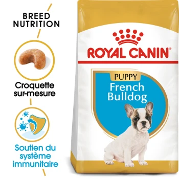 Nourriture pour chiots Royal Canin pour Bulldogs français, présentant une image de chiot, des détails sur la nutrition de la race et des affirmations pour le soutien du système immunitaire.