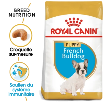 Nourriture pour chiots Royal Canin pour Bulldogs français, présentant une image de chiot, des détails sur la nutrition de la race et des affirmations pour le soutien du système immunitaire.