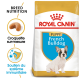 Nourriture pour chiots Royal Canin pour Bulldogs français, présentant une image de chiot, des détails sur la nutrition de la race et des affirmations pour le soutien du système immunitaire.