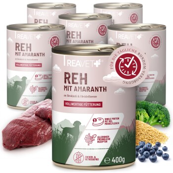 REAVET+-Dosen mit der Aufschrift 'REH MIT AMARANTH' und 'VOLLWERTIGE FÜTTERUNG', 400 g, mit Fleisch, Brokkoli, Amaranth und Heidelbeeren