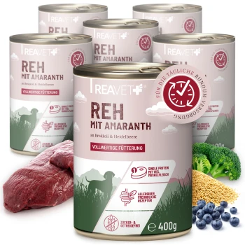 REAVET+-Dosen mit der Aufschrift 'REH MIT AMARANTH' und 'VOLLWERTIGE FÜTTERUNG', 400 g, mit Fleisch, Brokkoli, Amaranth und Heidelbeeren
