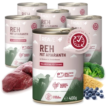 REAVET+-Dosen mit der Aufschrift 'REH MIT AMARANTH' und 'VOLLWERTIGE FÜTTERUNG', 400 g, mit Fleisch, Brokkoli, Amaranth und Heidelbeeren