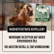 Bild von Hühnern in einem Stall mit Text, der ein hochwirksames Abwehrmittel aus ätherischen Ölen für akute Befälle und Prävention bewirbt.