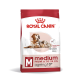 Sac de nourriture pour chiens Royal Canin pour chiens de taille moyenne 10+, avec une illustration de golden retriever, promouvant la masse musculaire et la vitalité à vie.