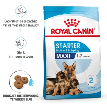Royal Canin Starter Mother & Babydog Maxi hondenvoedingszak, met een moederhond en drie puppy's, benadrukt ondersteuning voor gezondheid en immuunsysteem.