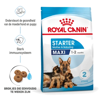Royal Canin Starter Mother & Babydog Maxi hondenvoedingszak, met een moederhond en drie puppy's, benadrukt ondersteuning voor gezondheid en immuunsysteem.