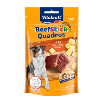 Quadros 7x70g Vitakraft BeefStick Quadros Hundeleckerlipackung mit einem Hund, Käsewürfeln und Rindfleischstücken; behauptet 85% extra Fleisch, getreidefrei.