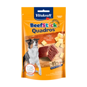 Vitakraft BeefStick Quadros Hundeleckerlipackung mit einem Hund, Käsewürfeln und Rindfleischstücken; behauptet 85% extra Fleisch, getreidefrei.