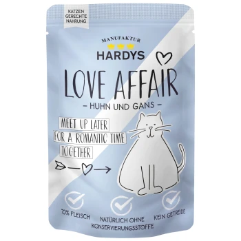 Love Affair Nassfutter Katze Huhn und Gans 12x100 g Katzenfutterverpackung mit "Hardys Love Affair" mit Huhn und Gans, die "70% Fleisch," "natürlich ohne Konservierungsstoffe," und "keine Körner" angibt.