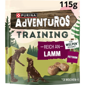 Purina AdVENTuROS Training-Lamm-Hundesnack im Beutel 115 g; Silhouetten von Mensch und Hund; Text 'Reich an Lamm', 'Fettarm'.