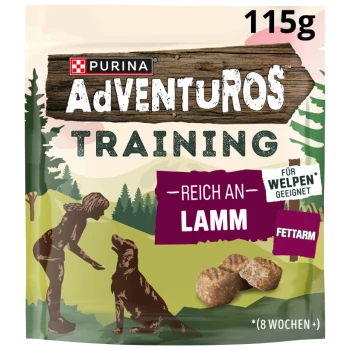 Purina AdVENTuROS Training-Lamm-Hundesnack im Beutel 115 g; Silhouetten von Mensch und Hund; Text 'Reich an Lamm', 'Fettarm'.