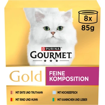 Die Verpackung des Purina Gourmet Gold Katzenfutters zeigt eine weiße Katze mit grünen Augen und Geschmacksrichtungen: Ente, Huhn, Fisch, Kaninchen, Leber.