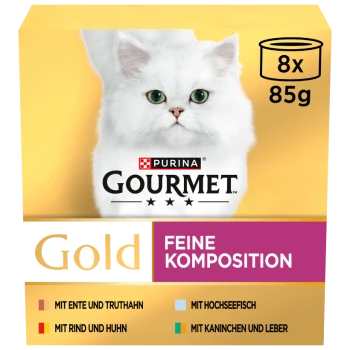 Die Verpackung des Purina Gourmet Gold Katzenfutters zeigt eine weiße Katze mit grünen Augen und Geschmacksrichtungen: Ente, Huhn, Fisch, Kaninchen, Leber.