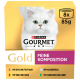 Die Verpackung des Purina Gourmet Gold Katzenfutters zeigt eine weiße Katze mit grünen Augen und Geschmacksrichtungen: Ente, Huhn, Fisch, Kaninchen, Leber.