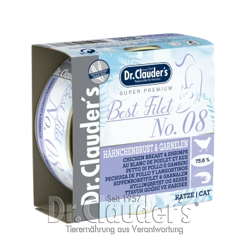 Dr. Clauder's Best Filet Nr. 08 Katzenfutterdose, die Hühnerbrust und Garnelen enthält, mit 75,6 % Fleischgehalt.