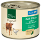 Dosen-Haustierfutter mit der Aufschrift 'Real Nature Original', das Kalbfleisch und Hähnchen mit Ente, Kartoffeln und Hanföl enthält.