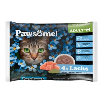 Pawsöme! Katzenfutterpackung mit dem Gesicht einer getigerten Katze, blauen Blumen und Text über 4 Lachsbeutel, 88% tierische Zutaten, ohne Zuckerzusatz.