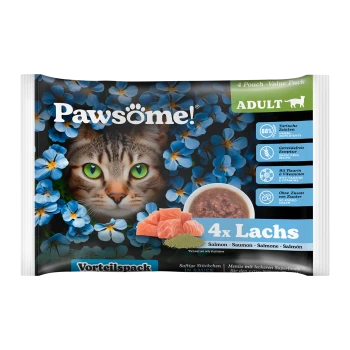 Pawsöme! Katzenfutterpackung mit dem Gesicht einer getigerten Katze, blauen Blumen und Text über 4 Lachsbeutel, 88% tierische Zutaten, ohne Zuckerzusatz.