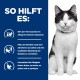 Schwarz-weiße Katze mit Halsband neben einem blauen Feld mit der Überschrift ‚SO HILFT ES:‘ und Text über Gewichtsverlust und Gelenkunterstützung