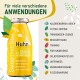 Gelbe SmoothieDog-Glasflasche mit der Aufschrift 'Huhn - Der SNACK für jeden Hund' und rechts einer deutschen Anwendungsübersicht.