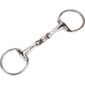Ein glänzendes Edelstahl-Pferdegebiss mit zwei runden Ringen und einem gelenkigen Mundstück, beschriftet mit "EQUITANT 12.5."