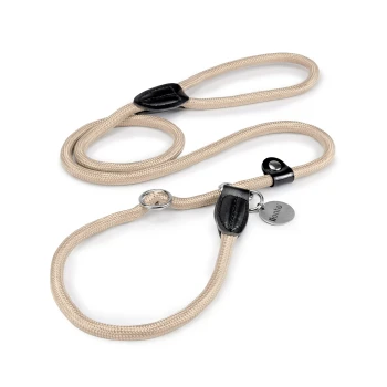Eine beige Hundeleine aus geflochtenem Seil mit schwarzen Lederakzenten und einem Metallclip zur Befestigung.