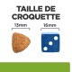 Image comparant les tailles de croquettes pour animaux : une croquette triangulaire (13 mm) à côté d'un dé bleu (16 mm) avec le texte "TAILLE DE CROQUETTE."