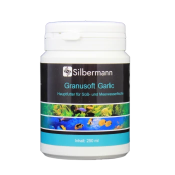 Behälter mit Silbermann Granusoft Knoblauchfischfutter, gekennzeichnet für Süßwasser- und Salzwasserfische, 250 ml.