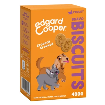 Biscuits Edgard Cooper Bravo pour chiens, présentant un chien joueur et un chat sur une boîte orange, avec le texte "Crunch Crunch" et l'étiquette "Poulet."
