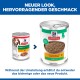 Hill's Science Plan Welpen-Hühnerdosen (alt und neu) mit sichtbarem Text 'NEUER LOOK, HERVORRAGENDER GESCHMACK' und Etiketten 'Gesunde Rezeptur mit Huhn' und 'Welpe <1'