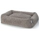 Pluszowe, szare legowisko dla zwierząt z teksturowanym wzorem w diamenty, z podniesionymi bokami i miękkim, wyściełanym środkiem.