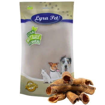 Lyra Pet Hundeleckerlipackung mit einer klaren Tüte und einem grünen "Lyra Nature Power"-Label, neben mehreren gerollten Fleischsnacks.
