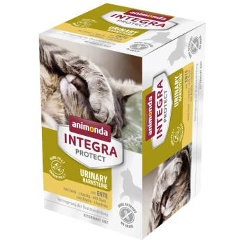 Integra Protect Adult Urinary Oxalstein Ente 16x100 g Animonda Integra Protect Urinary Diätverpackung mit einer Nahaufnahme des Gesichts einer Katze, mit Text, der "Urinary" und "mit Ente" hervorhebt.