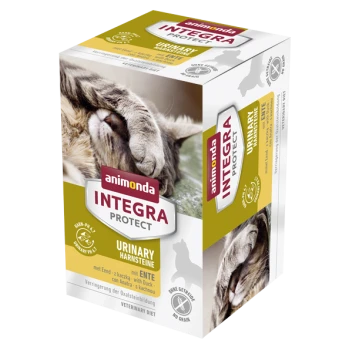 Animonda Integra Protect Urinary Diätverpackung mit einer Nahaufnahme des Gesichts einer Katze, mit Text, der "Urinary" und "mit Ente" hervorhebt.
