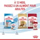 Image de nourriture pour animaux Royal Canin pour chiens de taille moyenne, montrant les formules "Puppy" et "Adult" avec une chronologie de transition de 12 mois.
