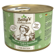 Dose mit Katzenfutter von Betty's Landhausküche, die Huhn mit Kalbfleisch und Bonnetöl & Taurin enthält, beschriftet mit "Extra viel Fleisch."