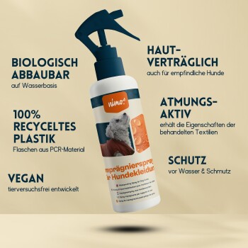 Wasserabweisendes Spray für Hundemäntel in einer recycelbaren Flasche, mit Text über biologische Abbaubarkeit, Hautverträglichkeit und veganer Formulierung.
