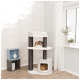 Ein gemütlicher Katzenbaum mit zwei Katzen: einer flauschigen Calico auf der obersten Ebene und einer orangefarbenen Tabby, die aus einem würfelförmigen Versteck darunter hervorschaut, in einem hellen Raum.