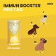 Gelber Hintergrund mit einem "IMMUN BOOSTER"-Behälter (250g) und Dosierung für Hunde: 2g für 5kg, 8g für 20kg, 16g für 40kg.