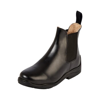 Schwarzer Leder-Ankle-Boot mit elastischen Seitenpaneelen und einem weichen Innenfutter, entworfen für Komfort und Stil.