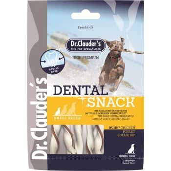 Dental Snack Huhn - Small Breed 80g Dr. Clauder's Dental Snack für kleine Rassen, mit einem hochwertigen Hühnergeschmack, mit einem Zahnpflege-Icon und Text in Deutsch und Englisch.