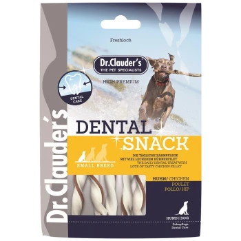 Snack dentaire Dr. Clauder pour petites races, avec une saveur de poulet haut de gamme, avec une icône de soin dentaire et du texte en allemand et en anglais.